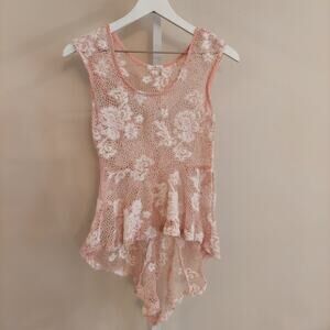 Pink Fairy Top Fishnet High Low Asymmetrical Hem Sleeveless Floral Small